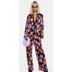 Women’s Linen Set - Button Down & Pants - Black & Colorful Floral - M